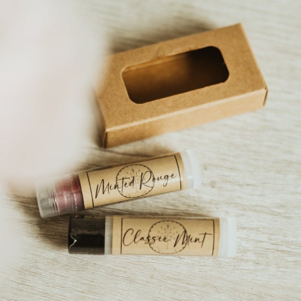 Handcrafted natural lip balm tubes in classic and seasonal flavors