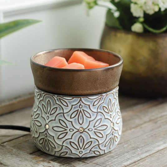 Bronze floral wax and candle warmer with LED glow