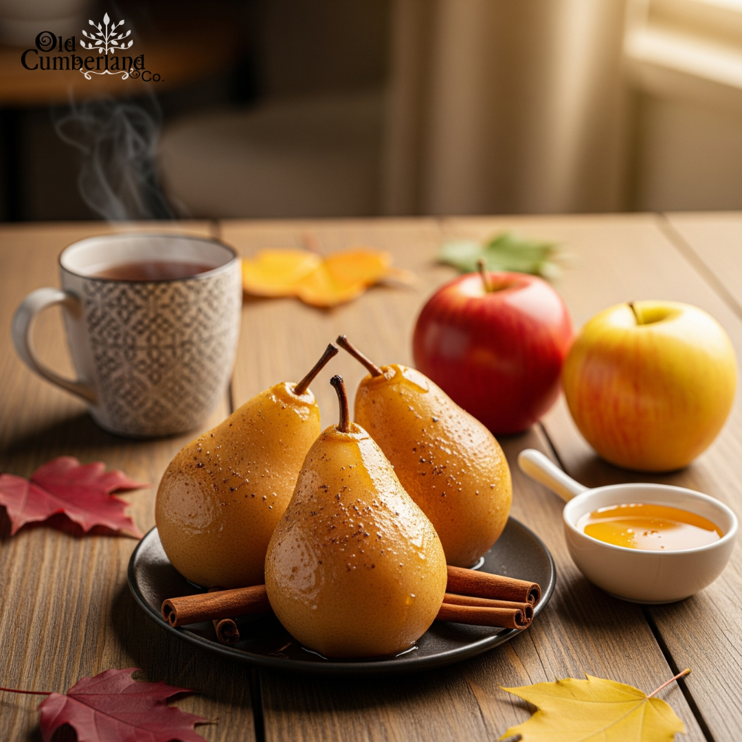 Steaming mug of hot beverage with pears, apples, and spices on a wooden table.