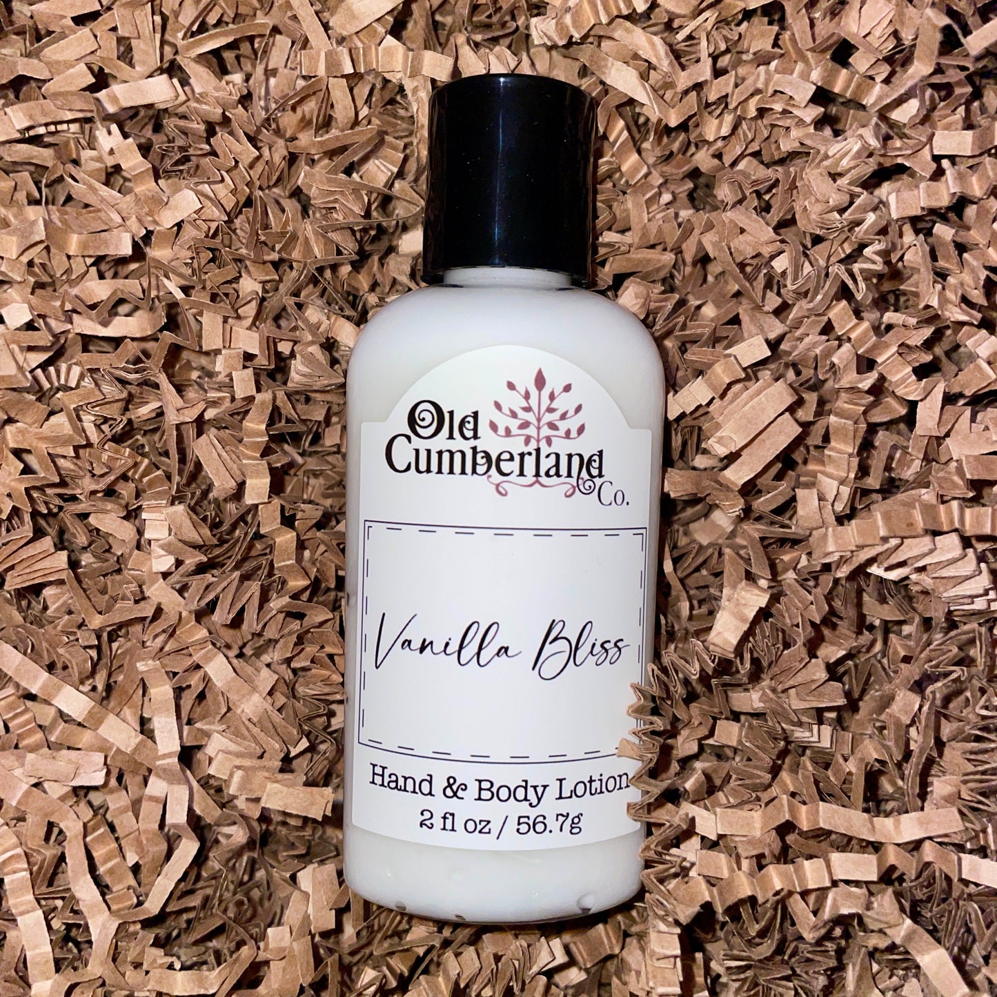 Hand and body lotion bottle with rustic Old Cumberland Co. label