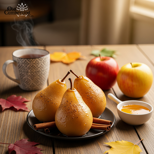 Steaming mug of hot beverage with pears, apples, and spices on a wooden table.