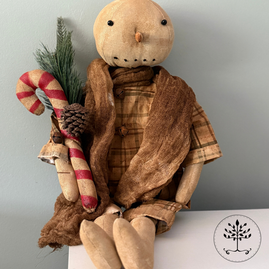 Primitive Snowman Doll with Handmade Candy Cane – 22”